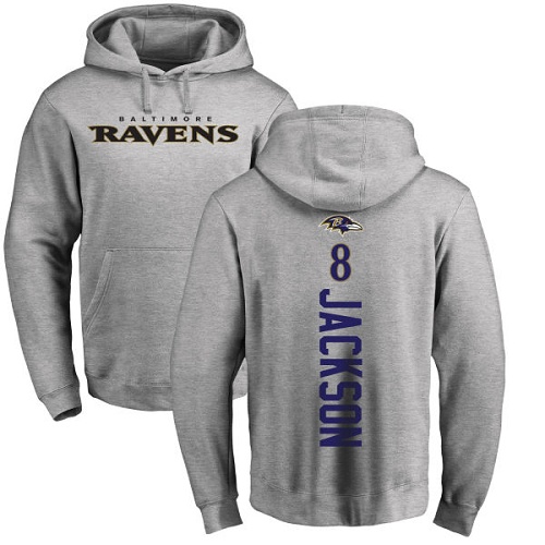 Men Baltimore Ravens Ash Lamar Jackson Backer NFL Football #8 Pullover Hoodie Sweatshirt->baltimore ravens->NFL Jersey